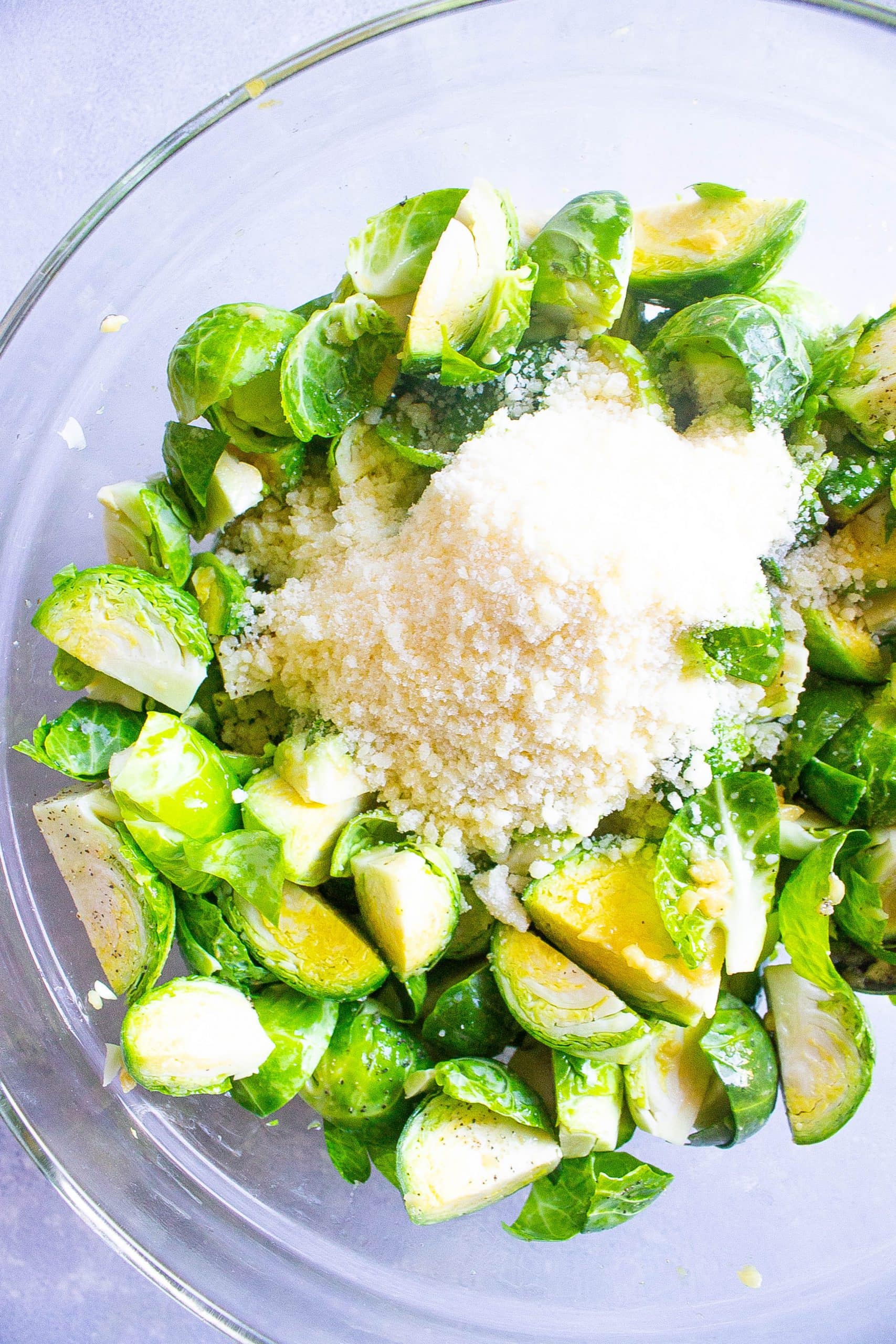 Roasted Garlic Parmesan Brussel Sprouts ingredients in bowl