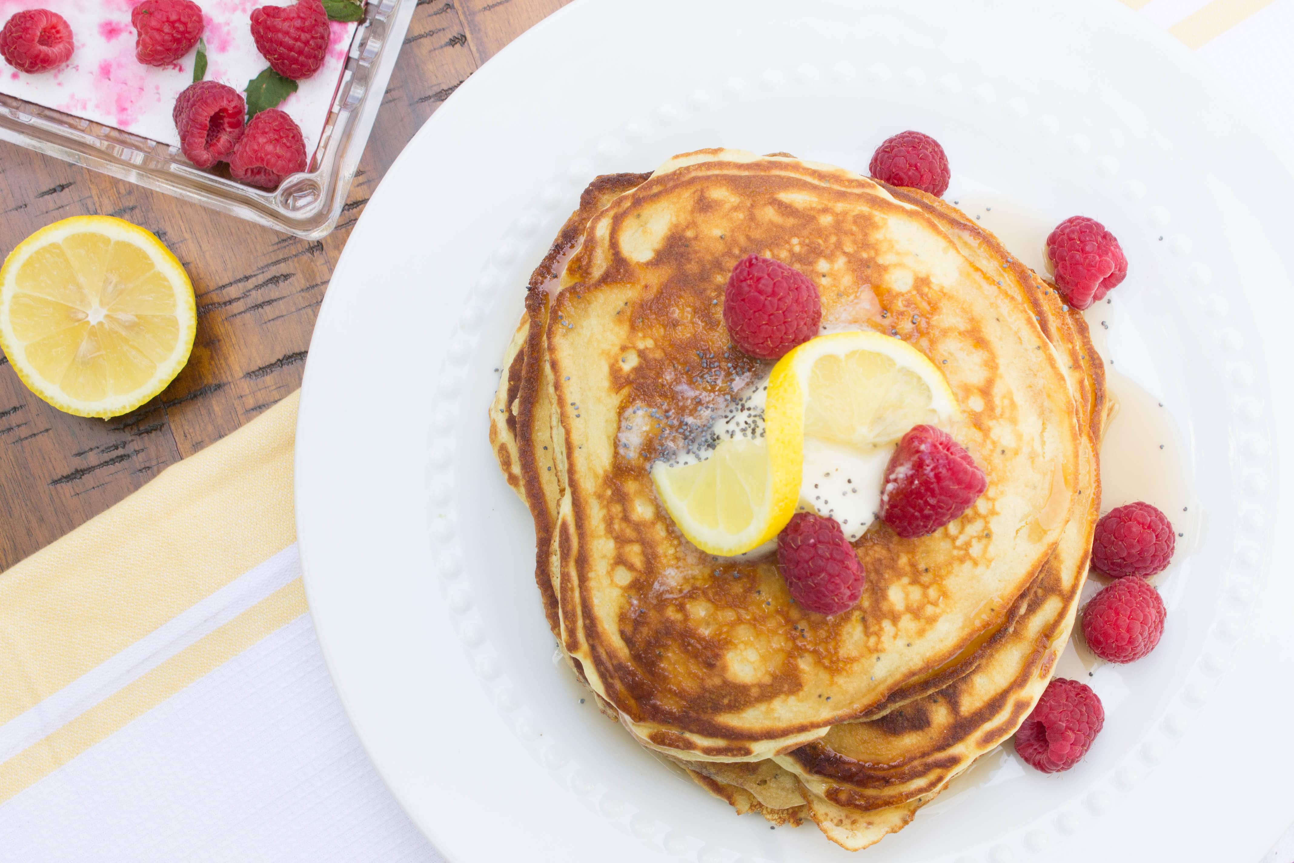 Lemon Poppy Seed Pancakes with fresh raspberries