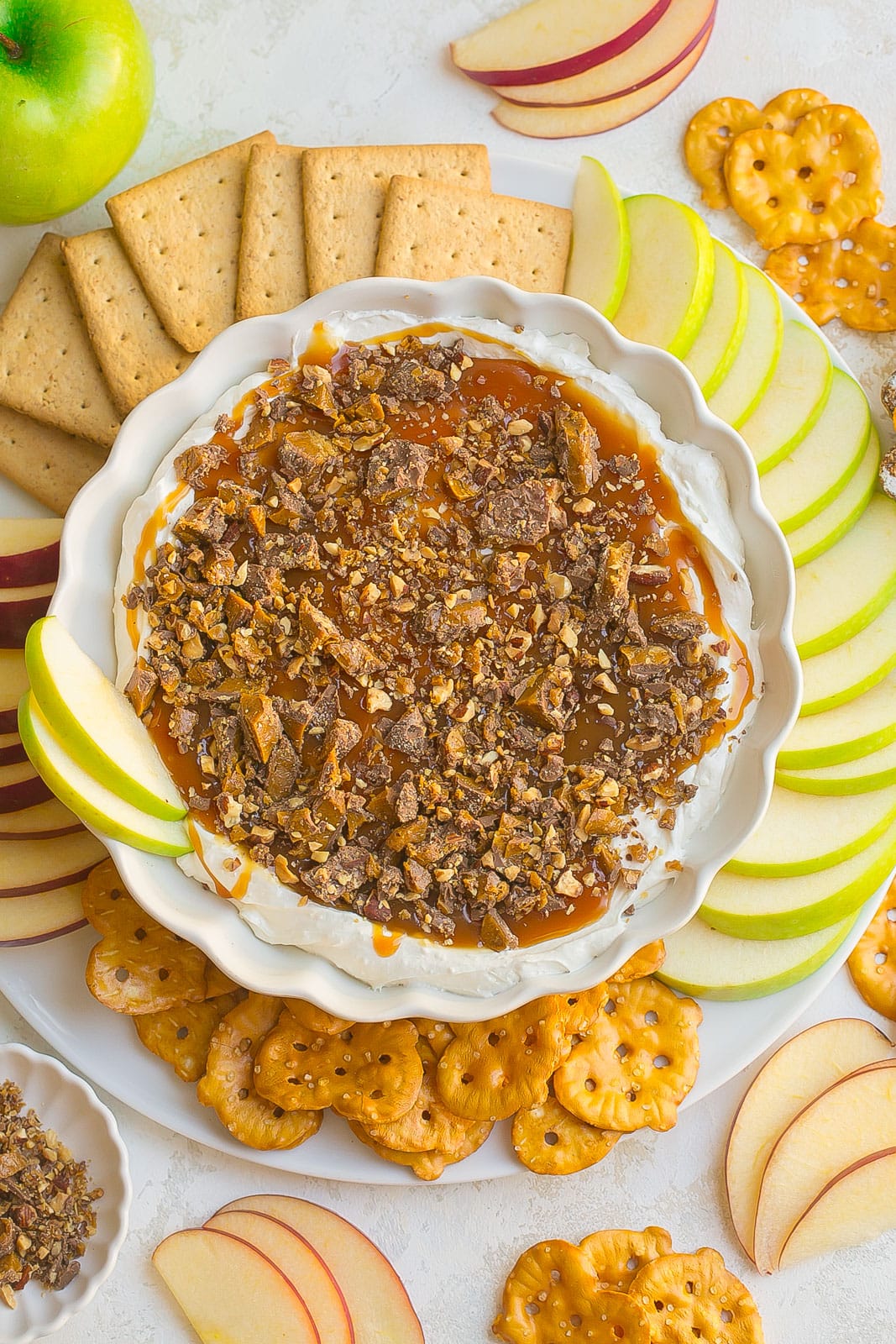 Birdseye view of Cream Cheese Caramel Apple Dip.