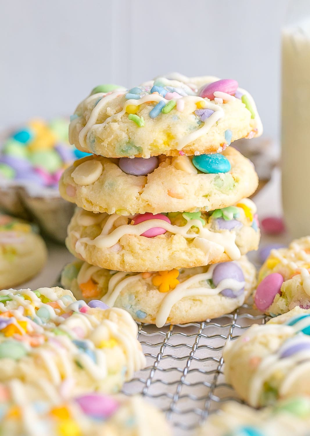Stack of m&m cookies.