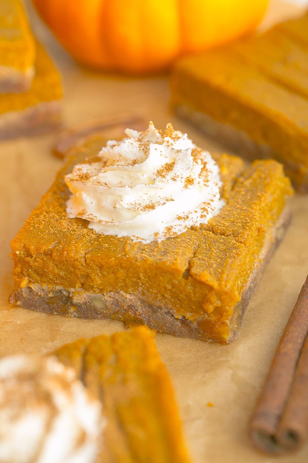 Slice of pumpkin pie bar. 