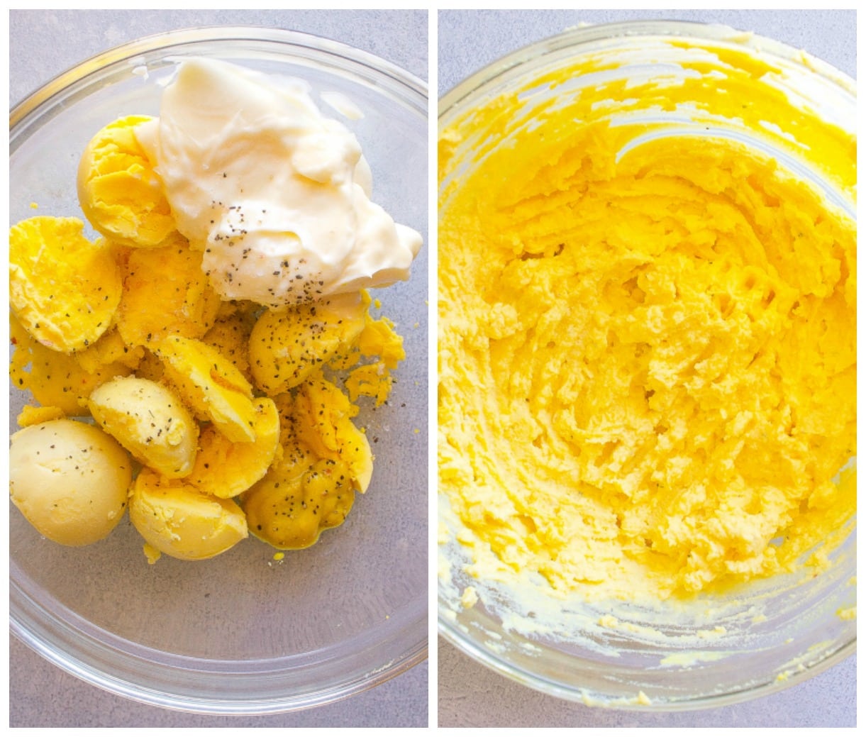 deviled egg yolk mixture in a clear bowl