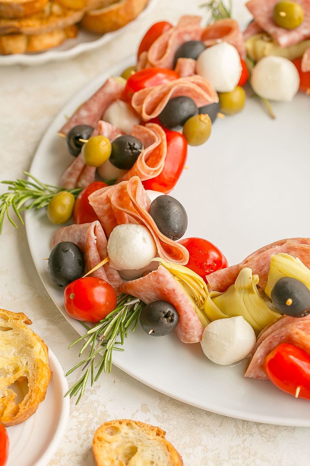 Angle view of charcuterie wreath.