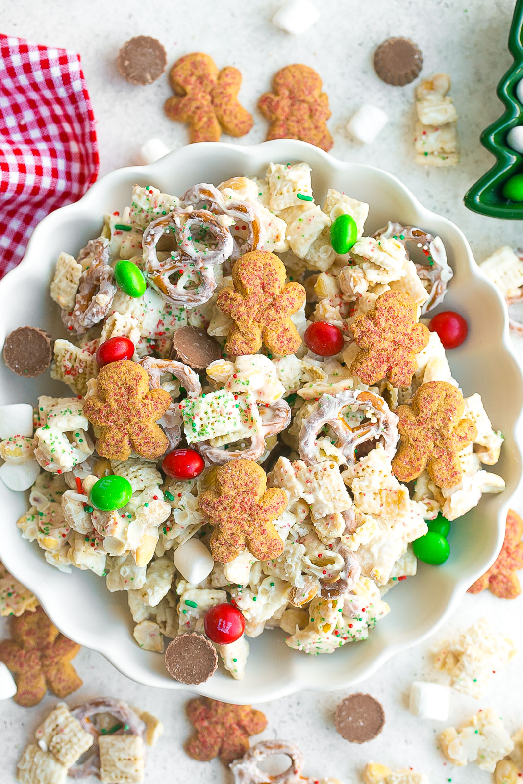 White bowl of Christmas Snack Mix.