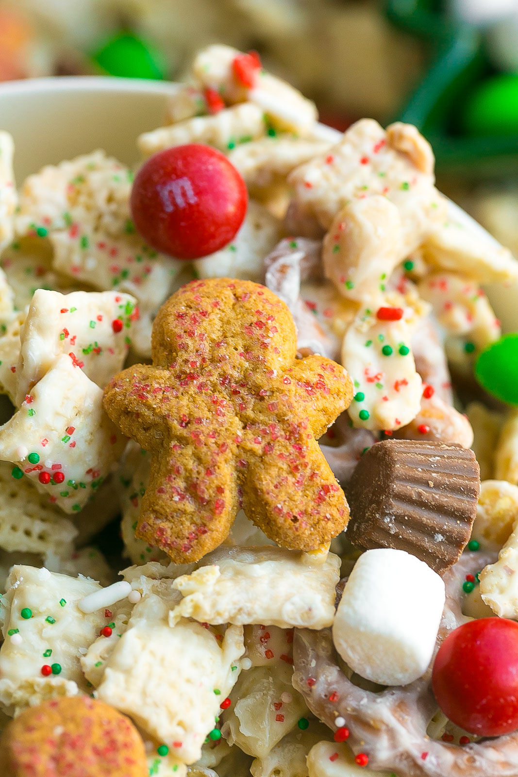 Holiday Snack Mix close up of gingerbread cookie.