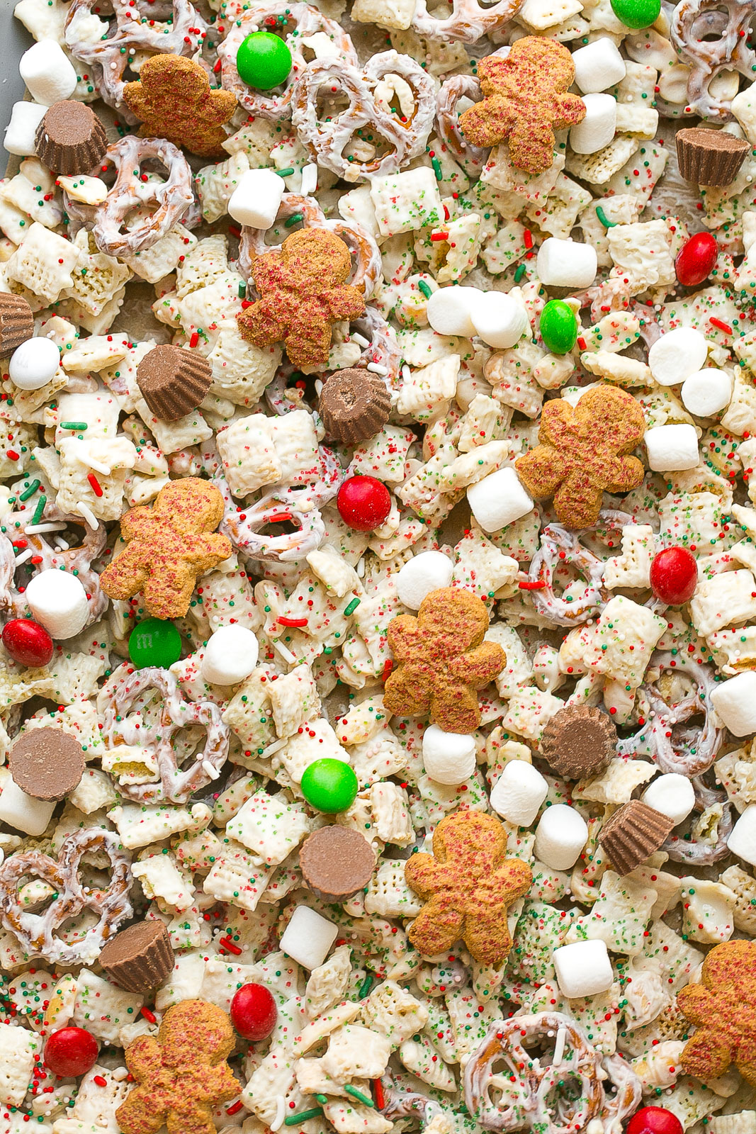 Birdseye view of Christmas Snack Mix.