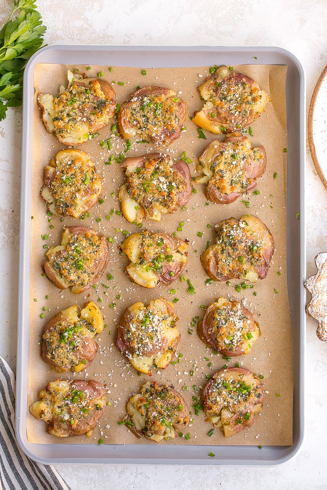 Garlic Parmesan Smashed Potatoes.