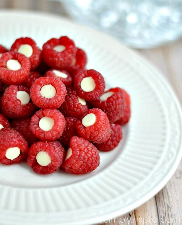 Raspberries with White Chocolate Chips from To Simply Inspire