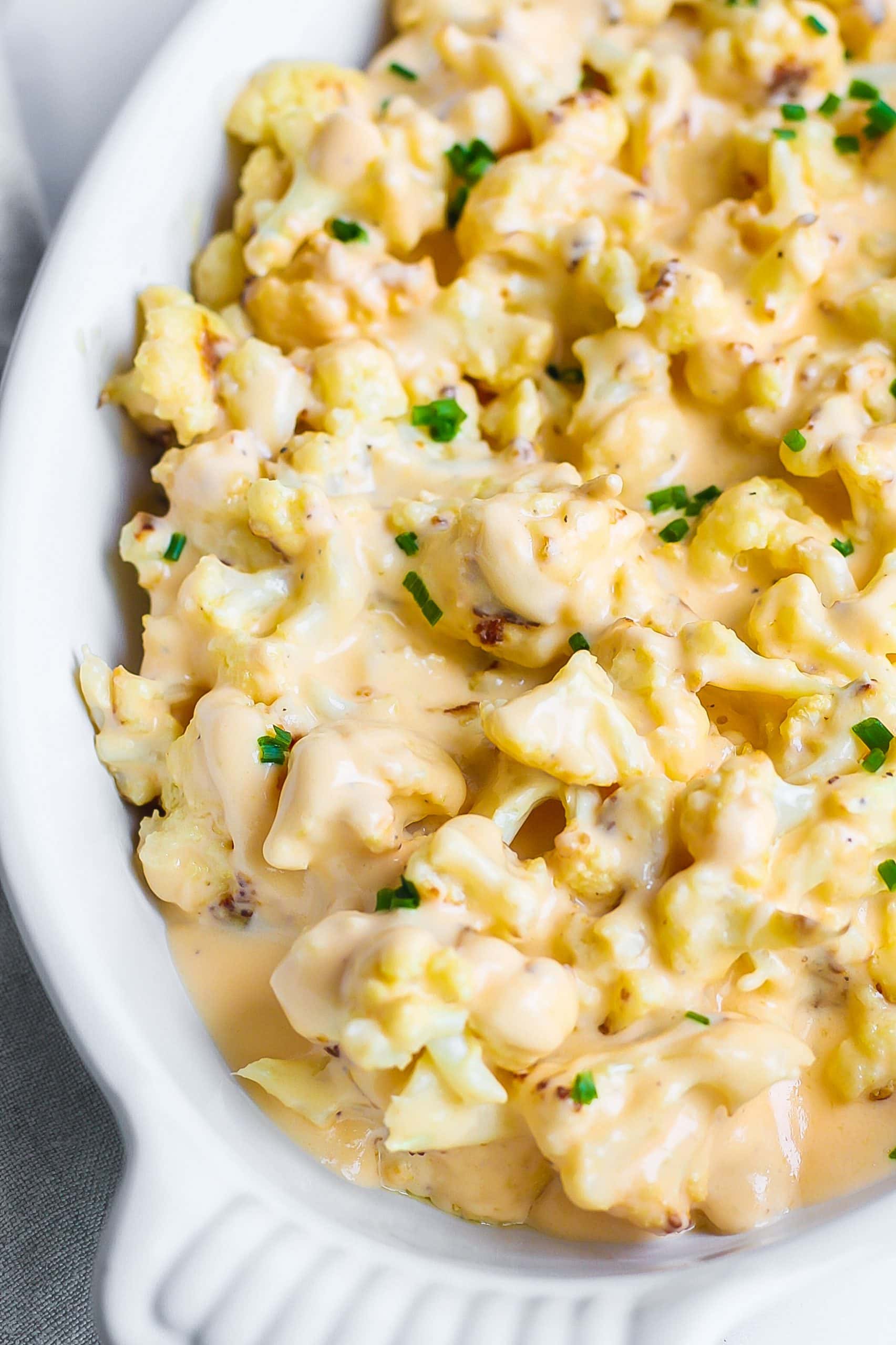 cauliflower Mac and cheese in a white dish