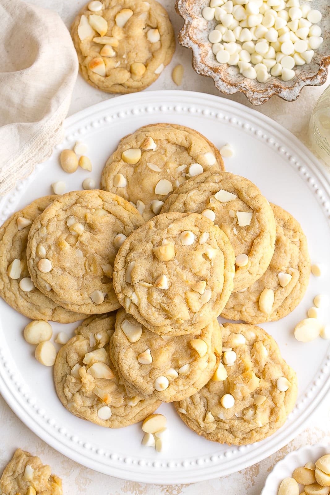 White plate full of homemade cookies.