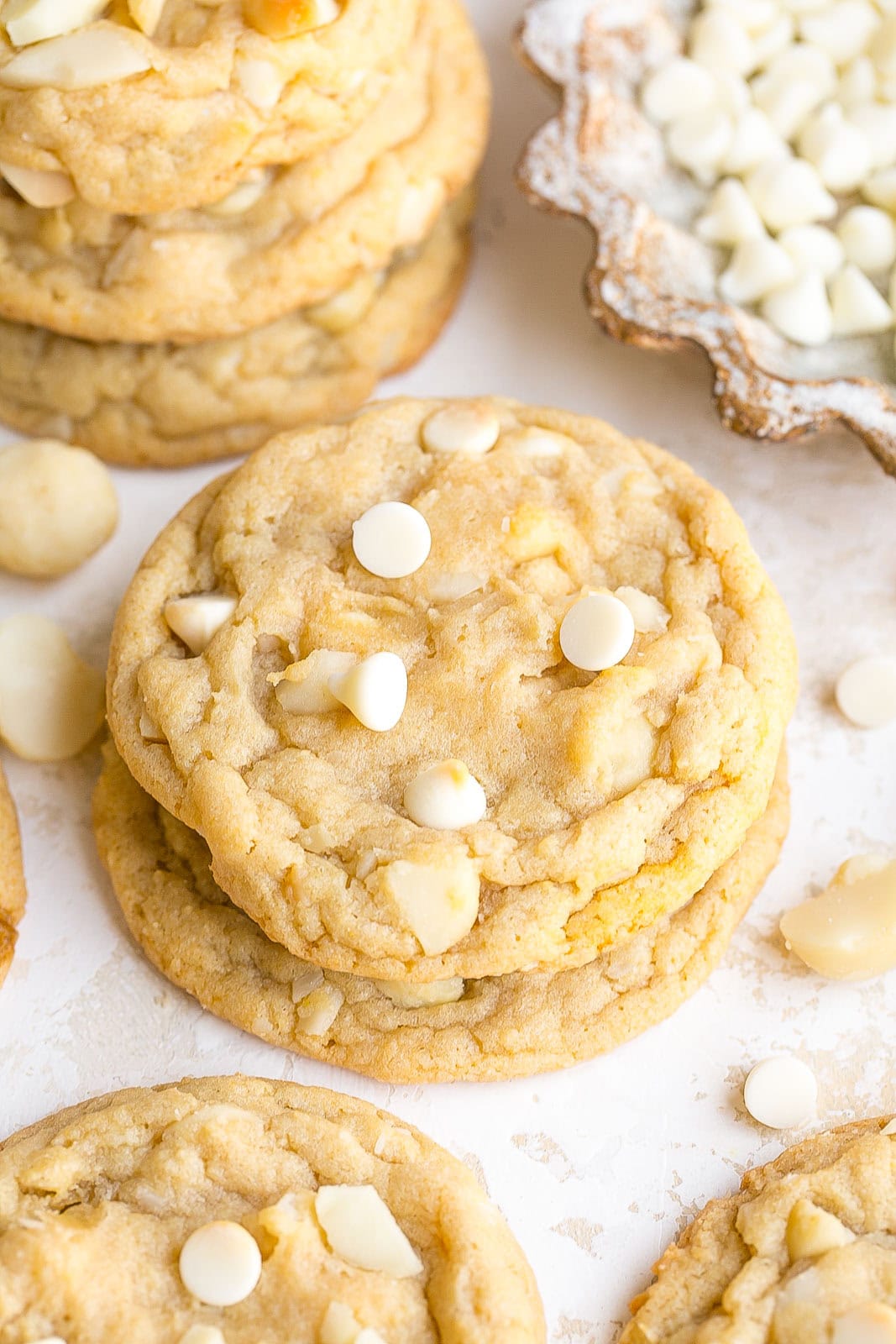 Small stack of White Chocolate and Macadamia Nut Cookies.