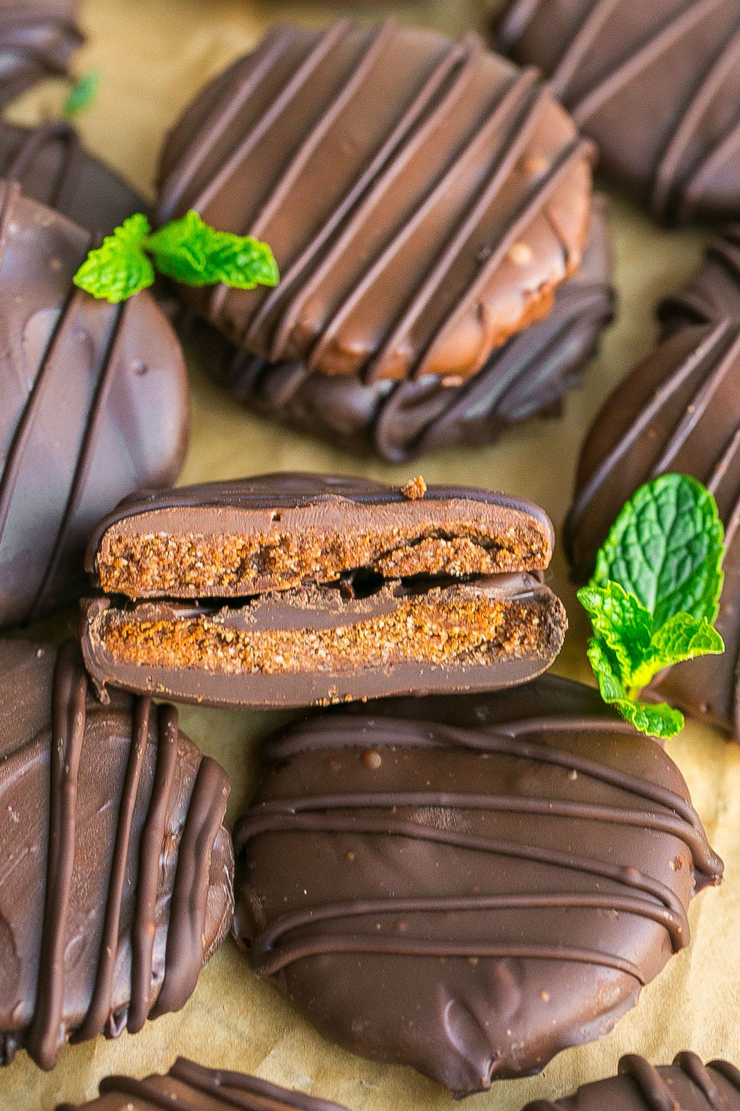 Healthy Thin Mint Cookie cut in half.