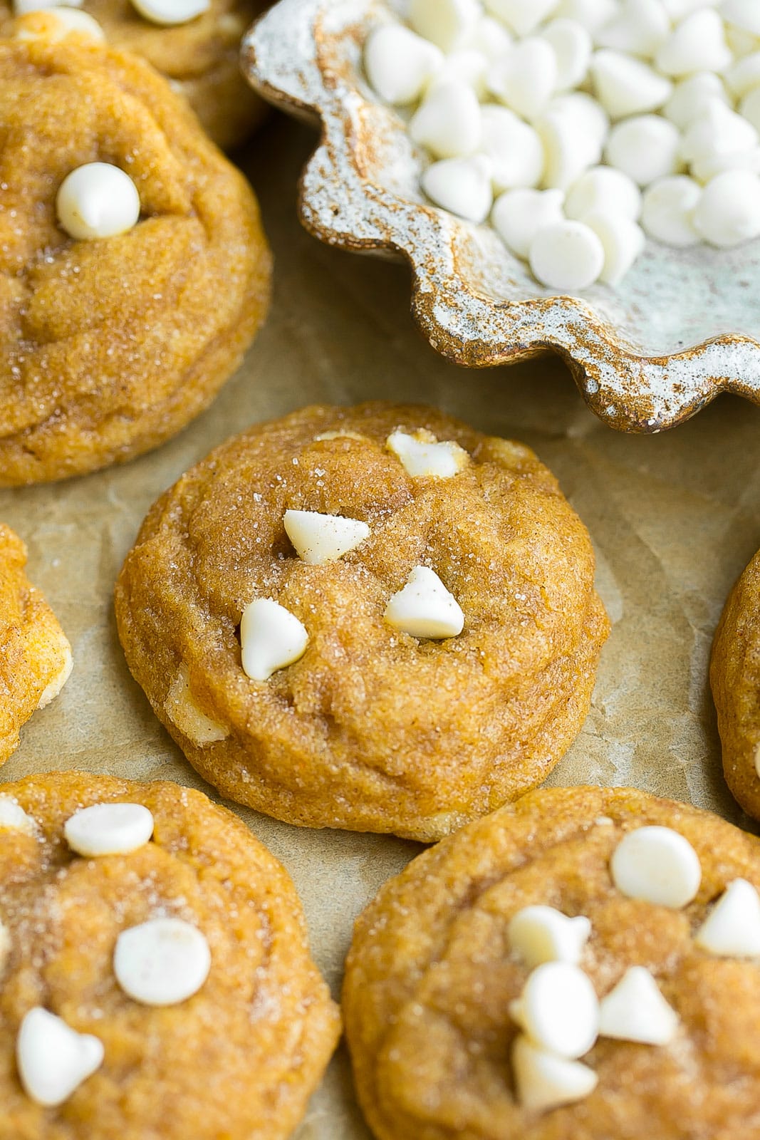 Pumpkin Snickerdoodles with white chocolate chips.