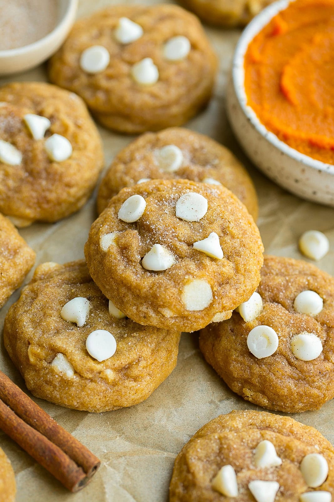 Pumpkin Snickerdoodles with white chocolate chips.