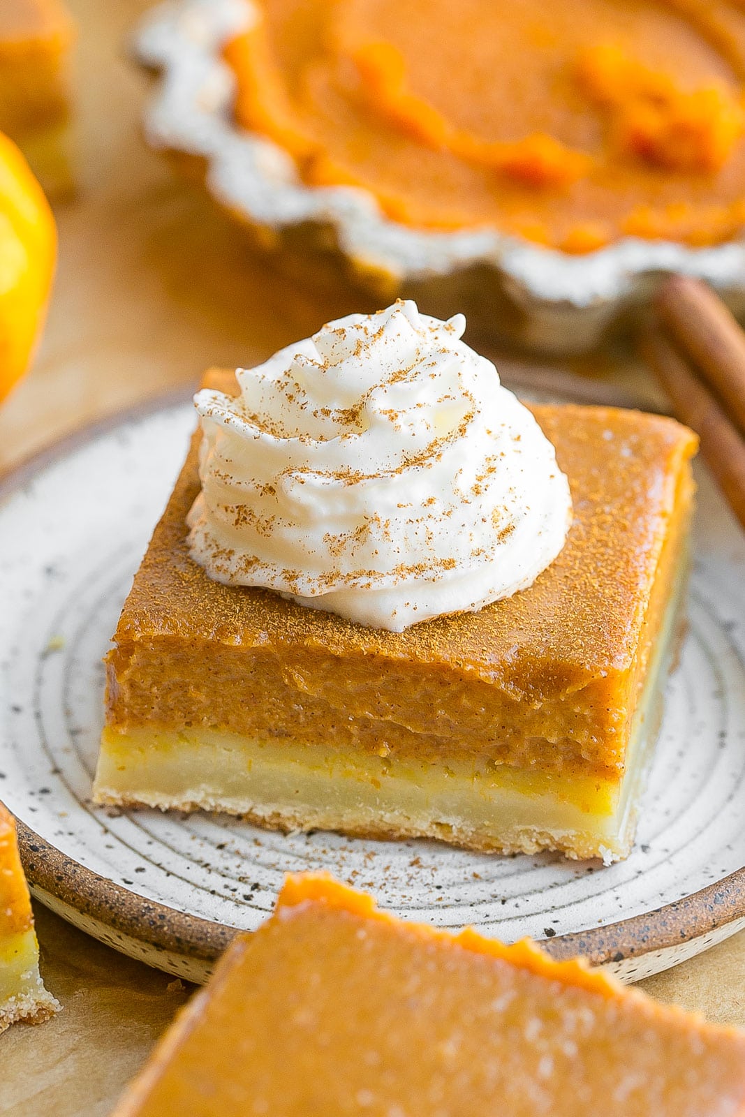 Pumpkin Pie Bars with Shortbread Crust on a plate.