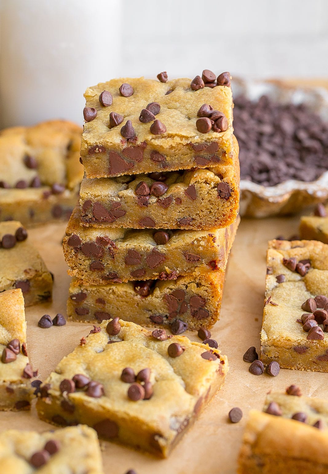 Stack of Chocolate Chip Cookie Bars.