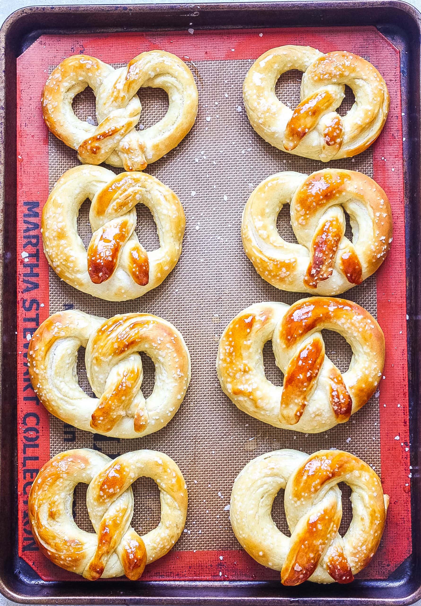 soft pretzels on baking sheet 