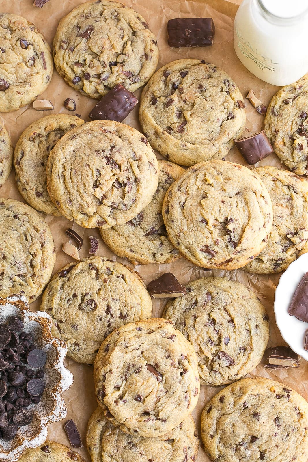 Toffee Heath Bar Cookies on parchment paper.