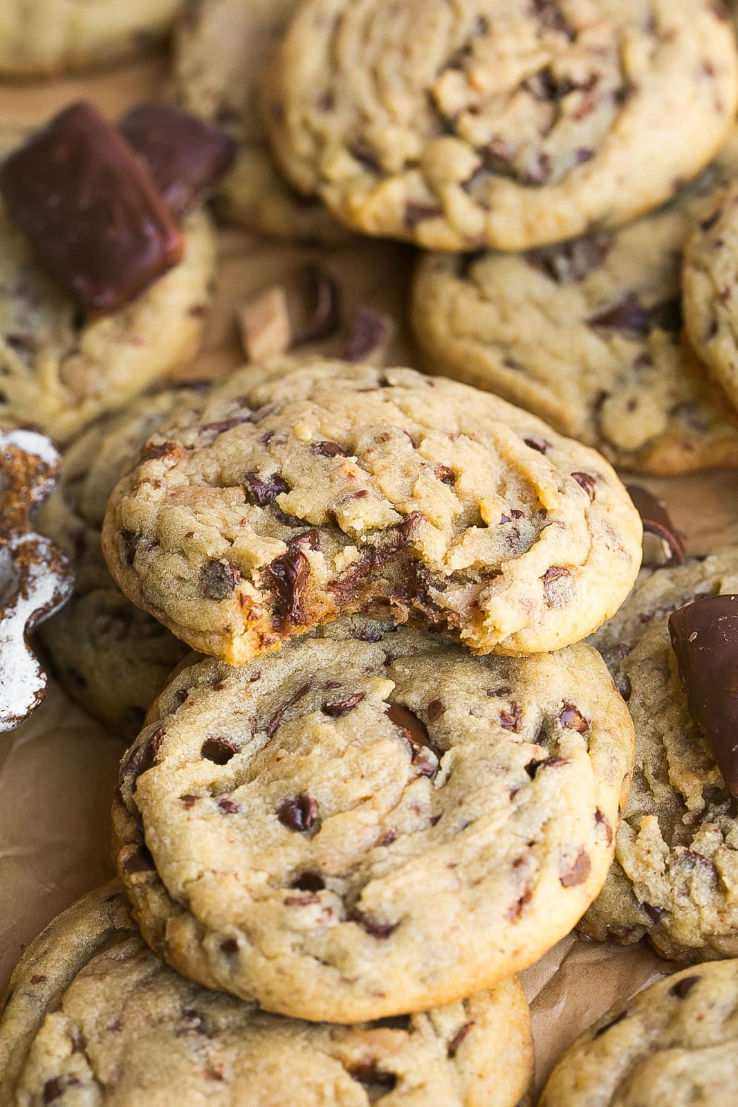 Heath bar Cookie with a bite mark in the middle.