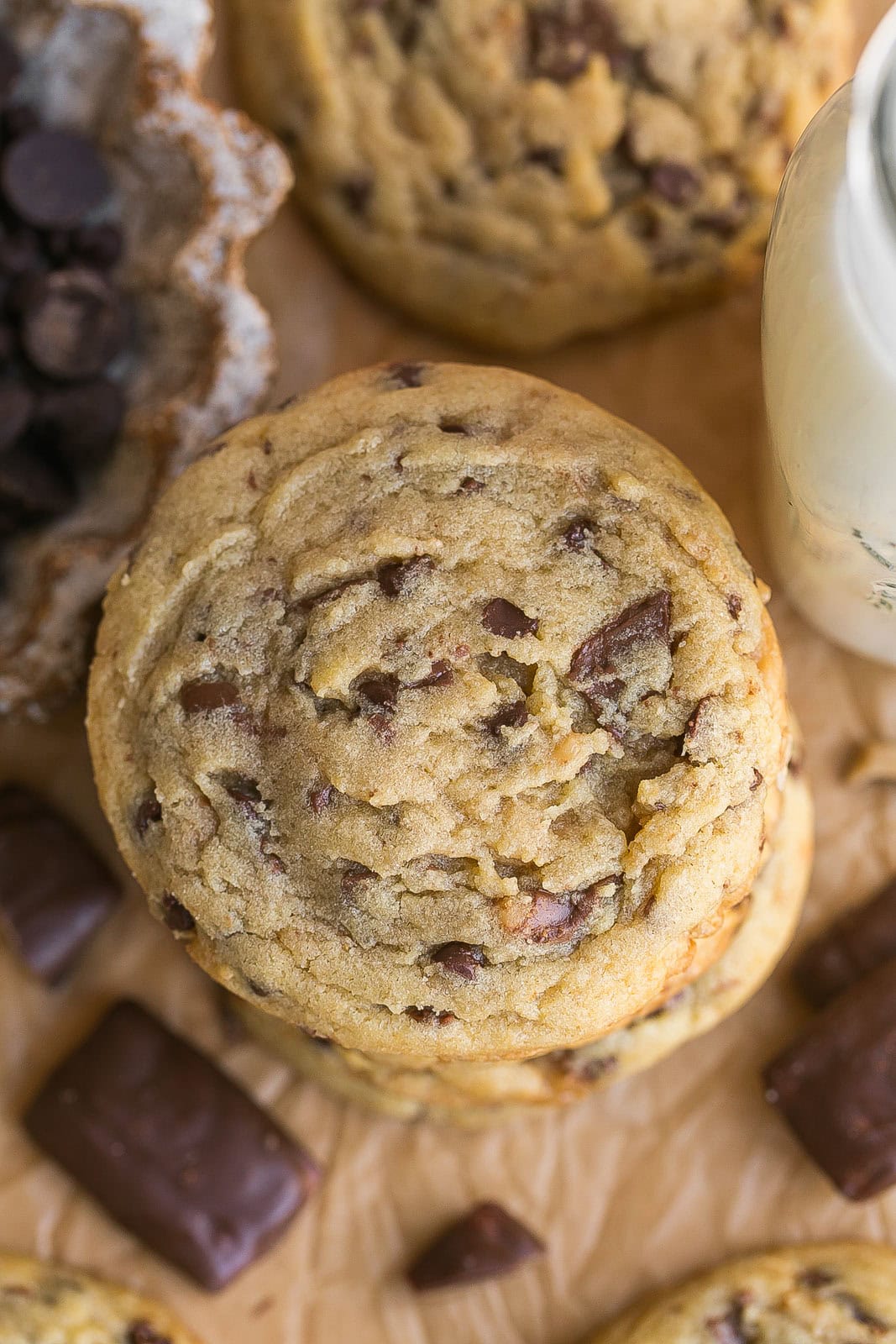 Birds eye view of a cookie with chocolate chips and toffee bits.
