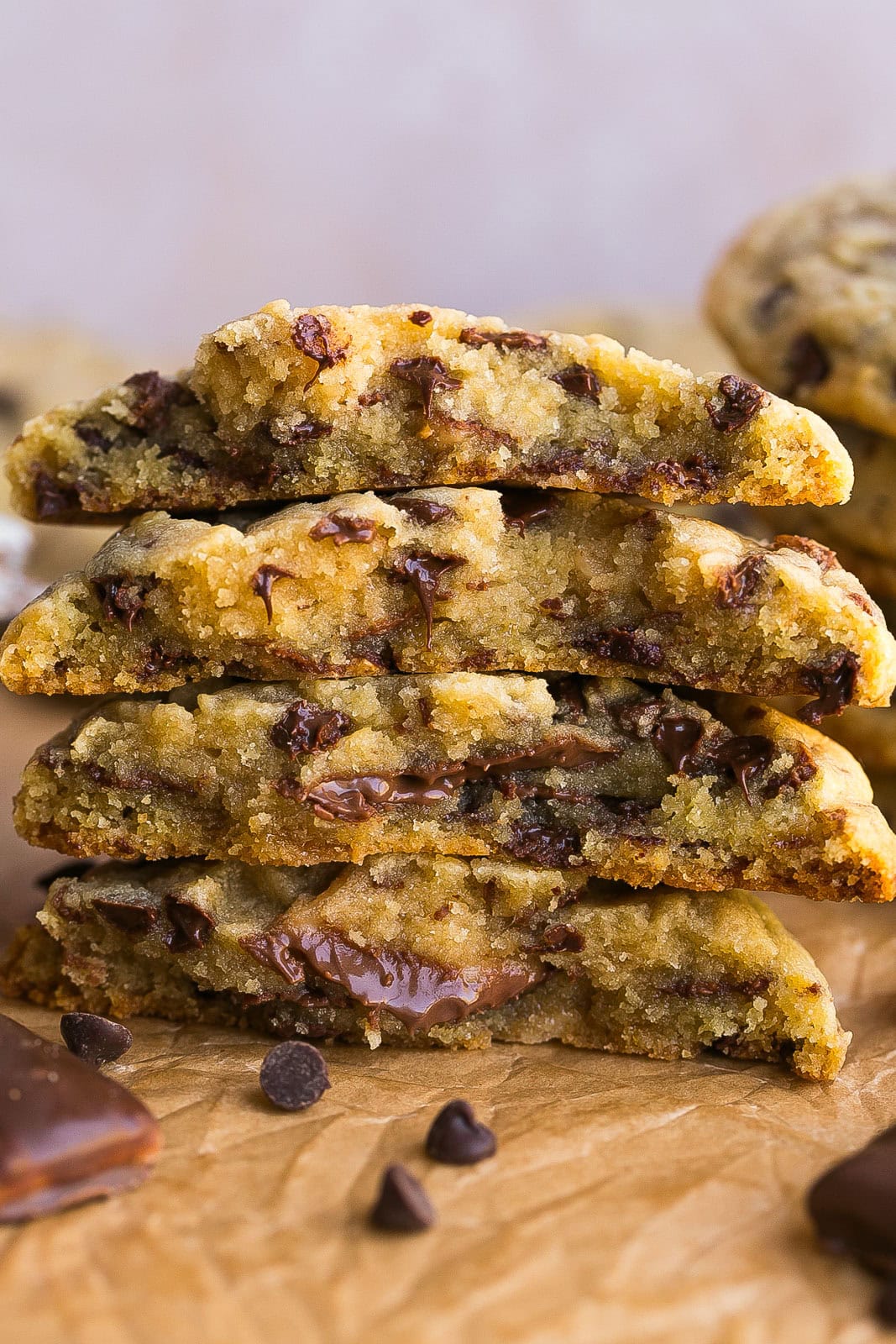 Inside of a stack of Toffee Chocolate Chip Cookies.