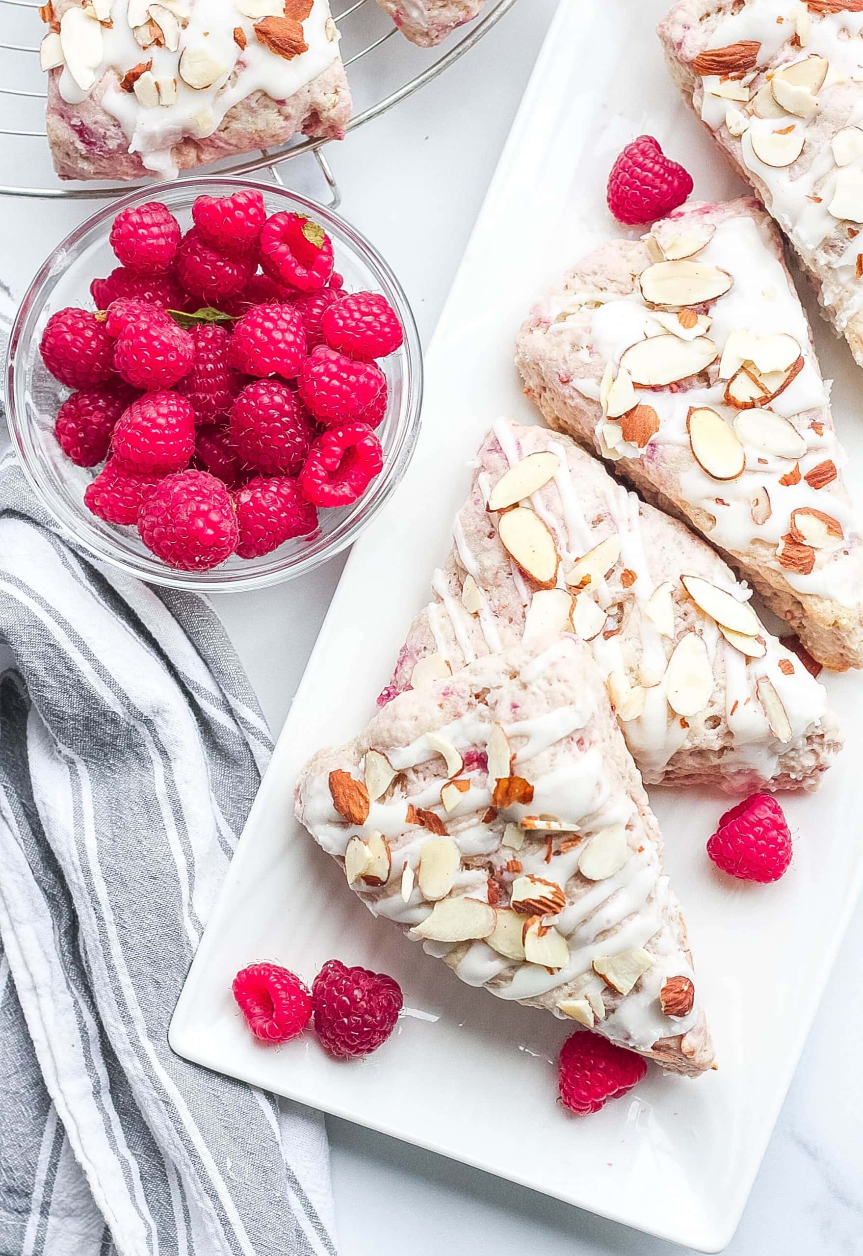 glazed scones with raspberries and almonds