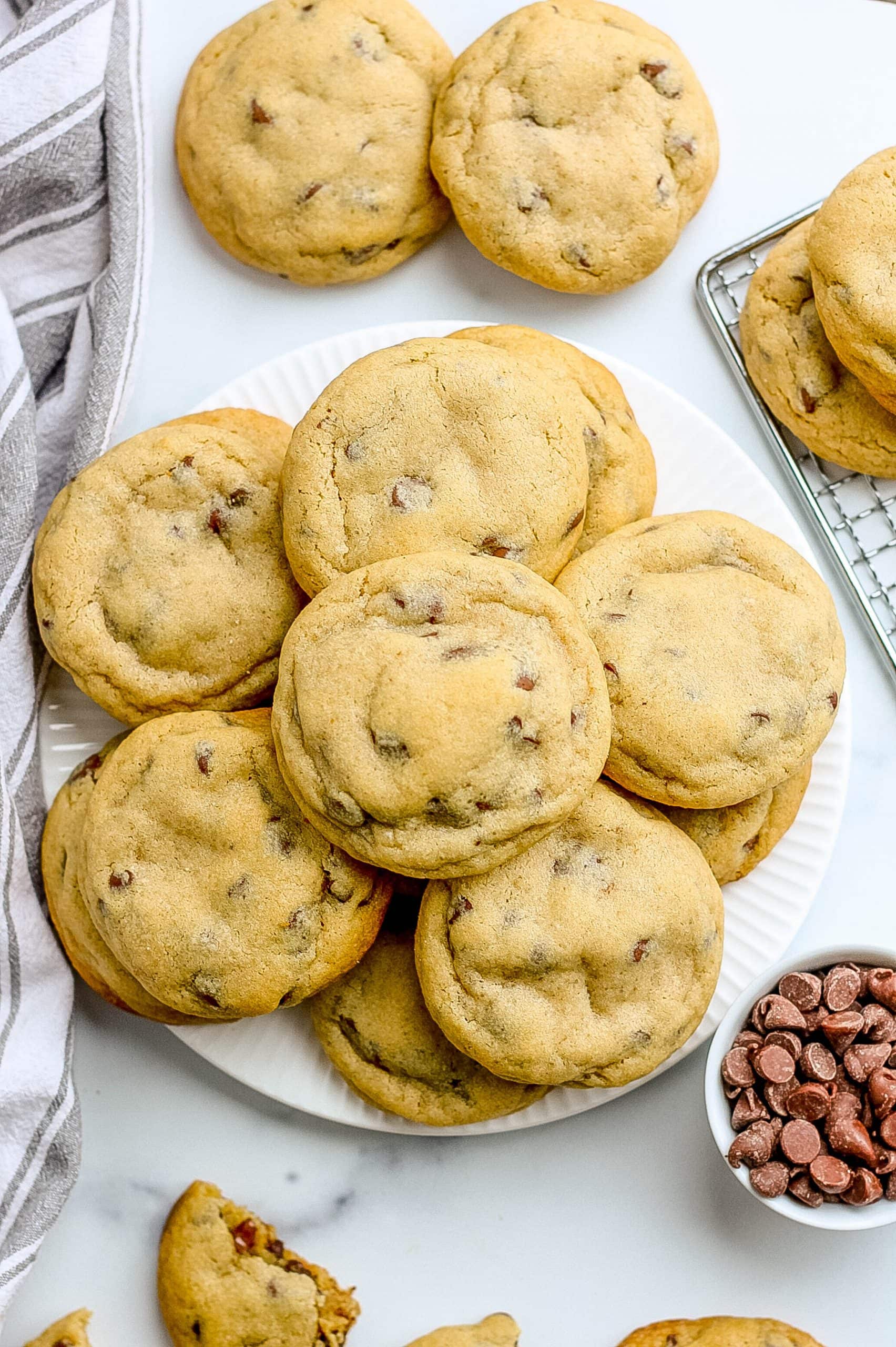 stack of thick and chewy homemade chocolate chip cookies
