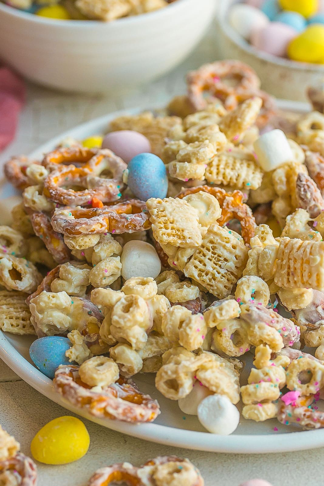 Close up view of Easter snack mix. 