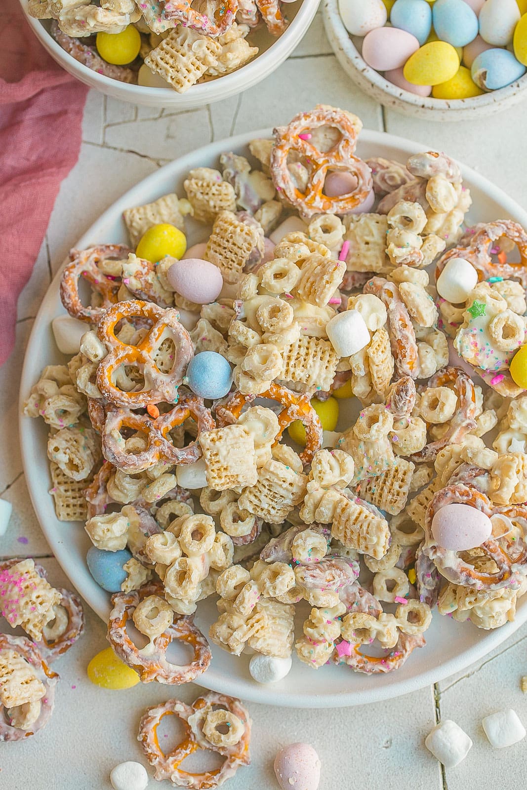 White chocolate coated snack mix with Easter eggs. 