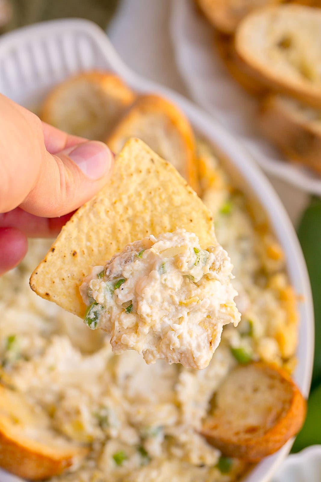 Tortilla chip with hot jalapeno artichoke dip.