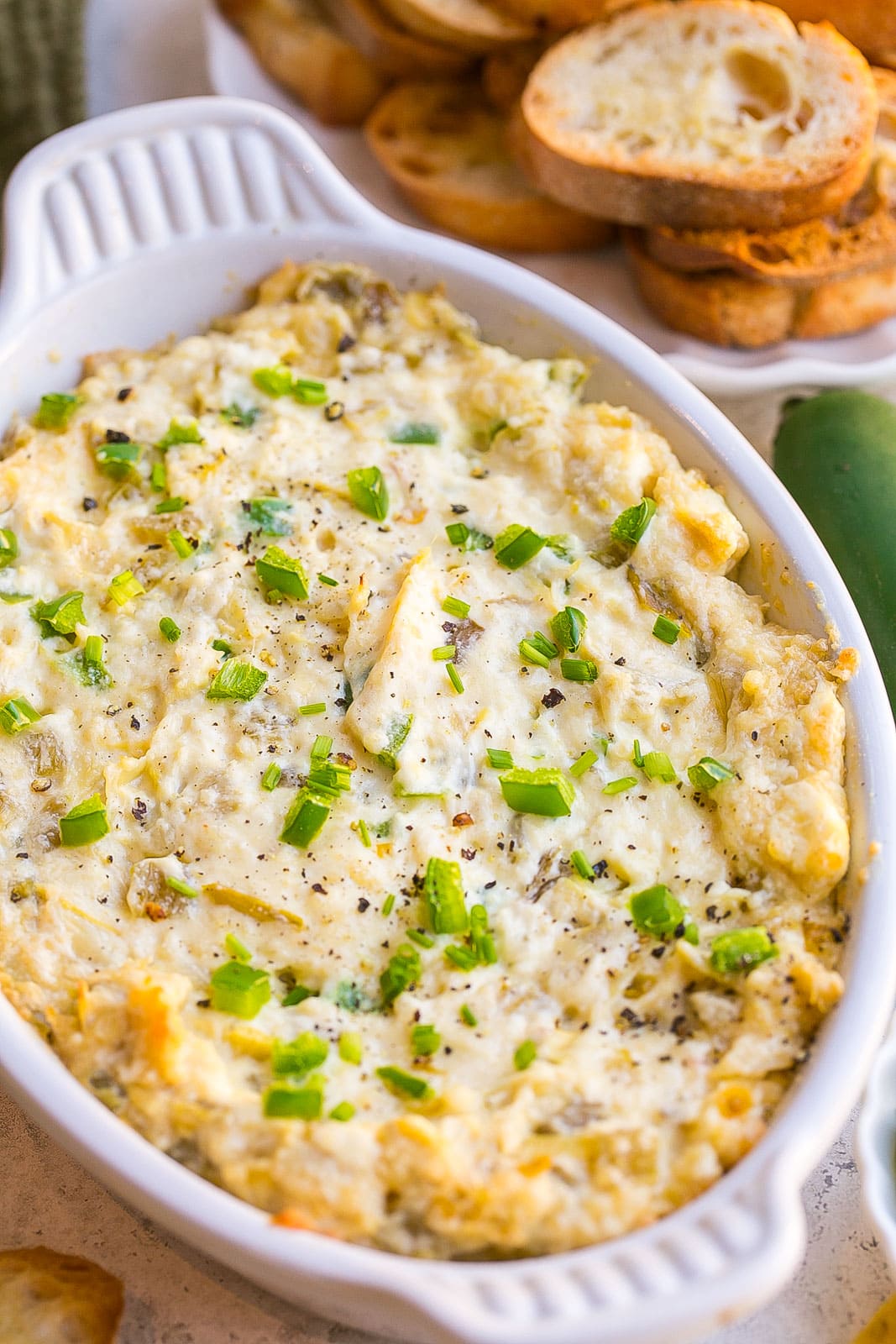 Spicy Artichoke Dip with crostini.