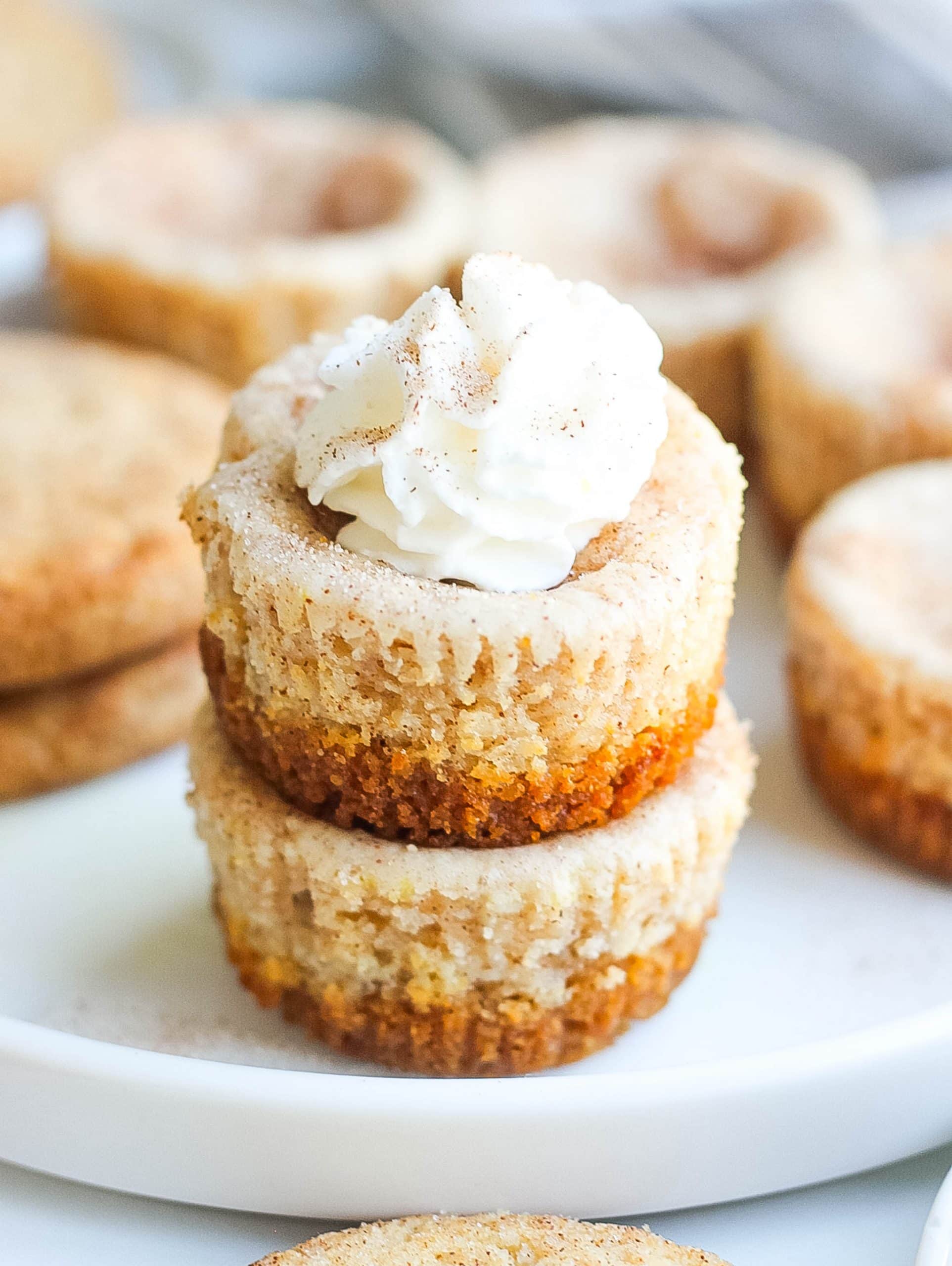 two snickerdoodle cheesecakes on top of each other with whipped cream