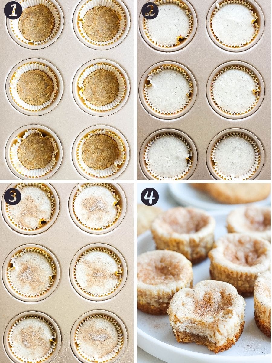 step-by-step images of snickerdoodle cheesescake bites in pan