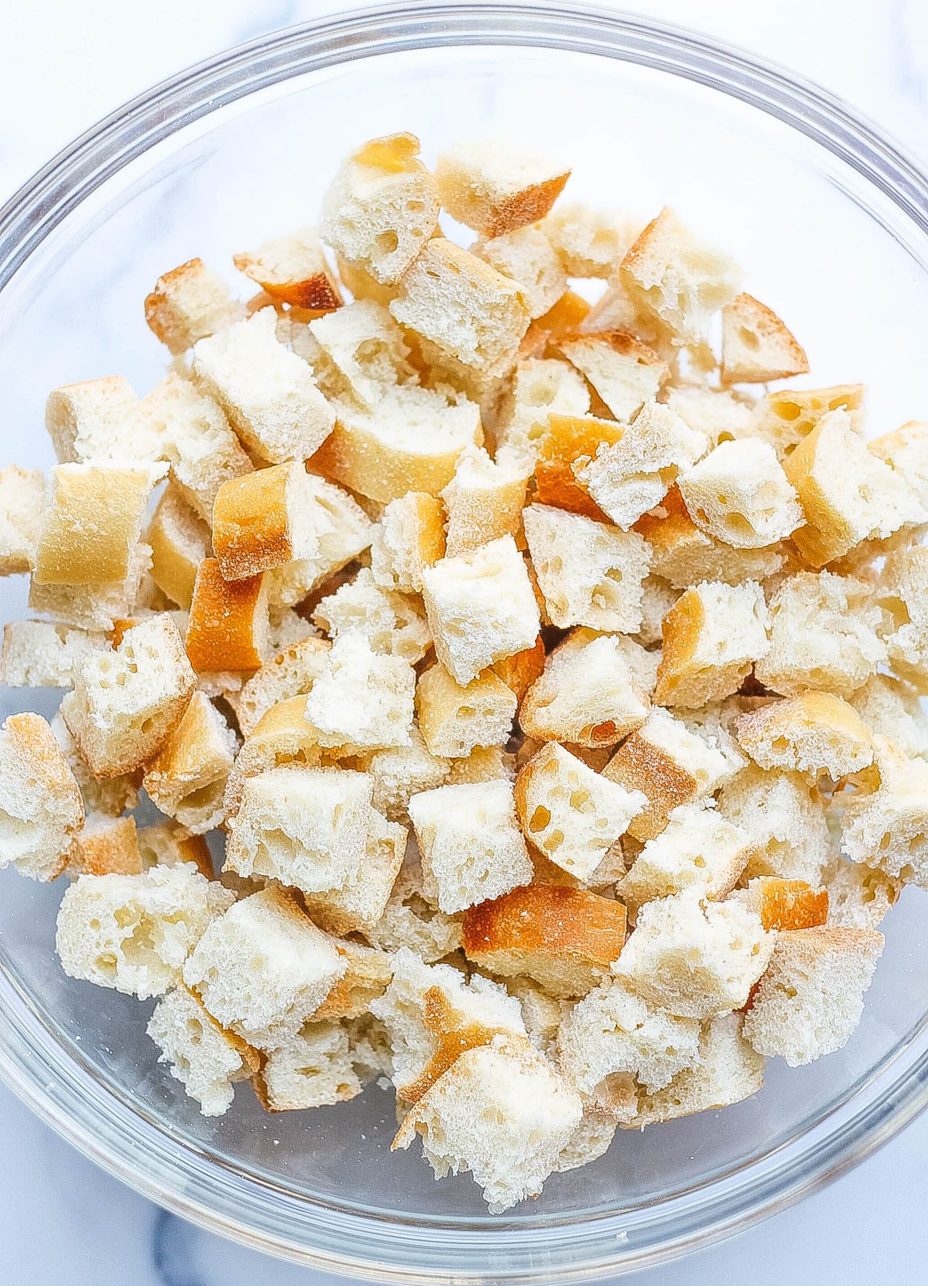 cubed bread in bowl 