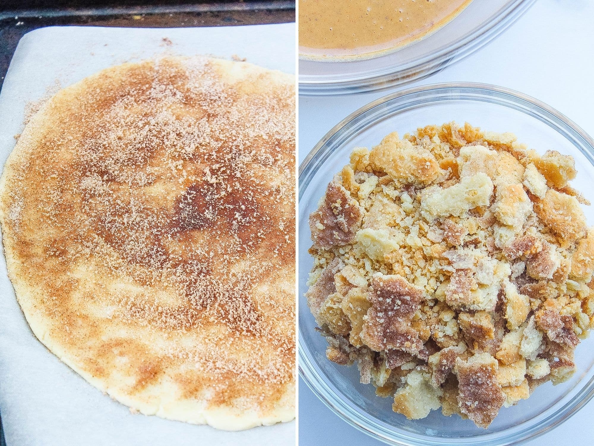two step photos of cinnamon crust with crumbles in bowl