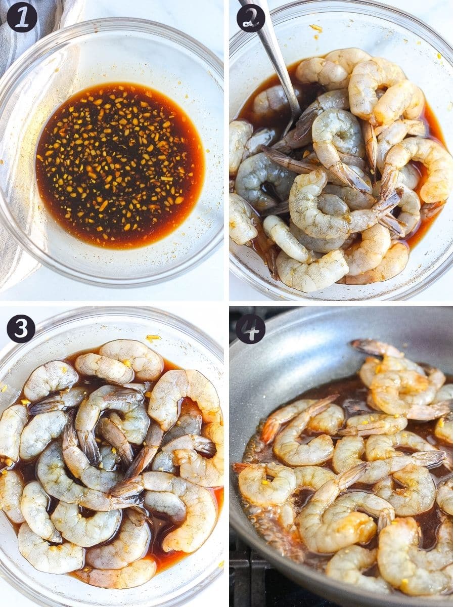 steps of honey garlic shrimp recipe from marinating the shrimp in the bowl to frying it in the pan 