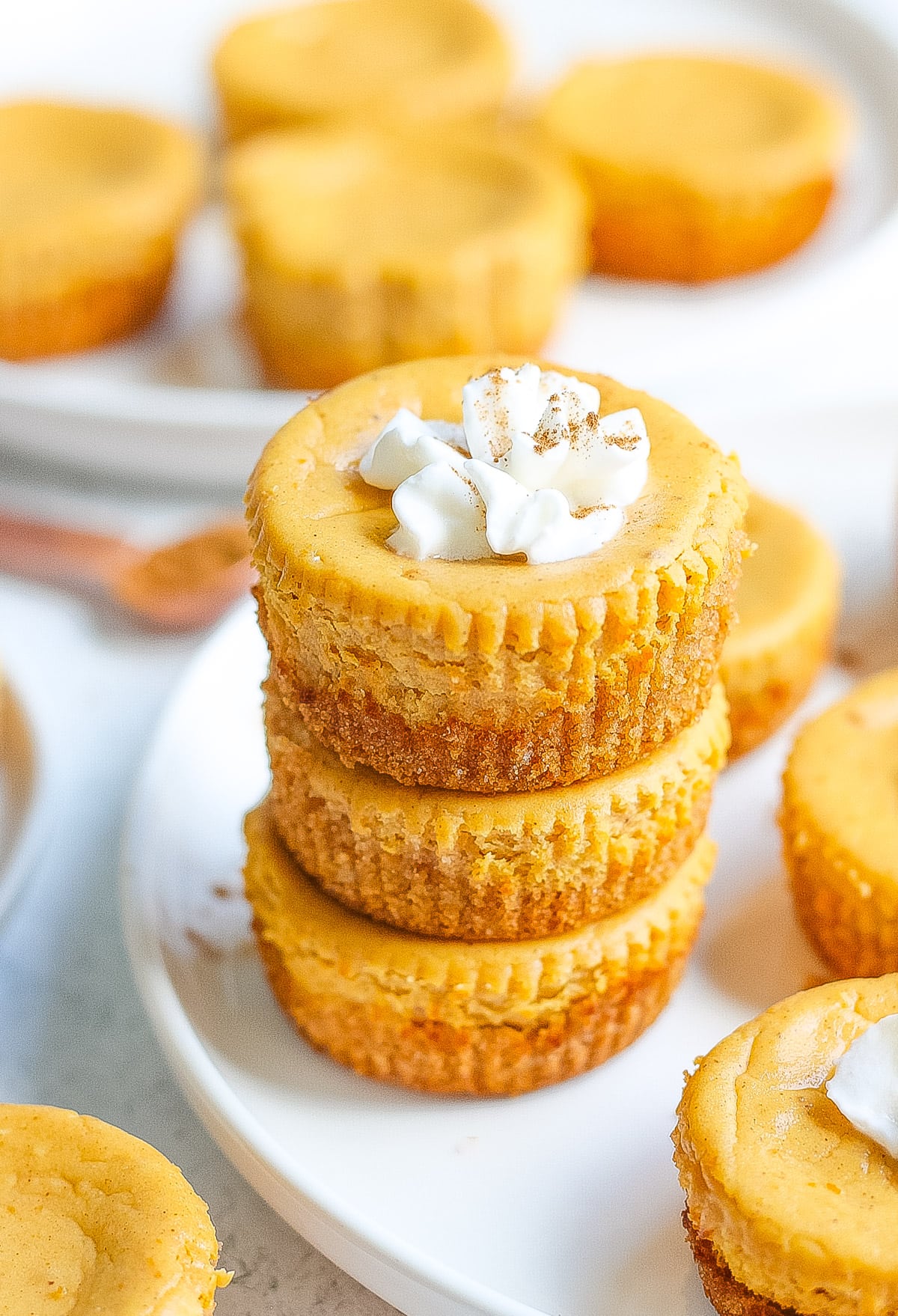 one stack of three pumpkin cheesecake bites with whipped cream