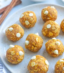 close view of pumpkin energy bites with white chocolate