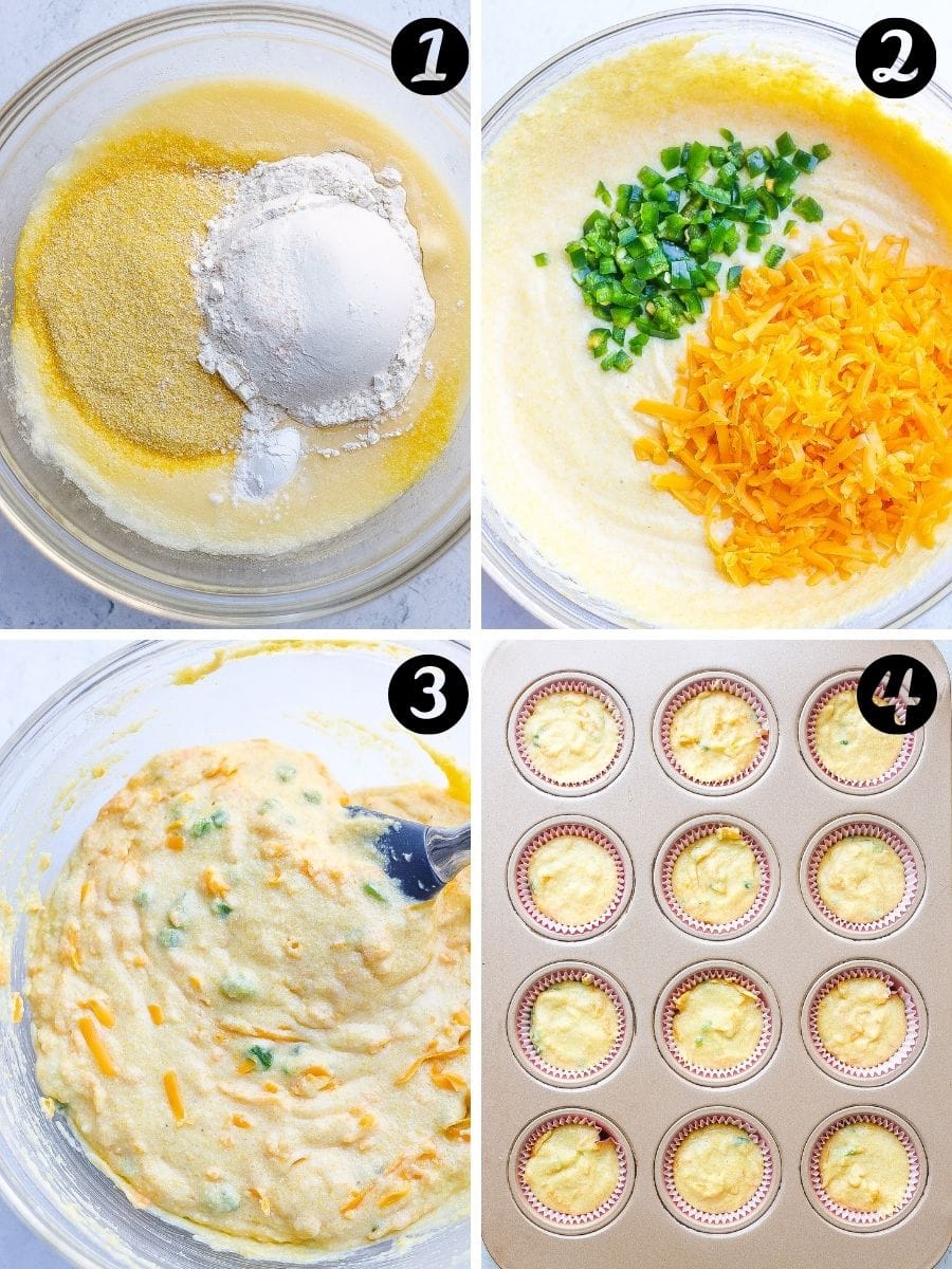 step by step photos of mixing cornbread batter together then adding to muffin pan