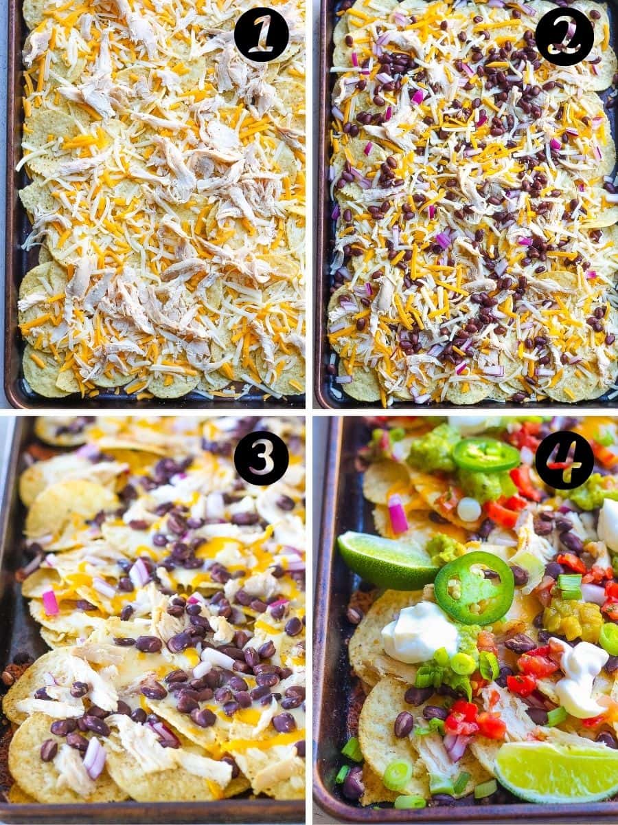 steps for baking chicken nachos in oven with cheese, black beans, and onions