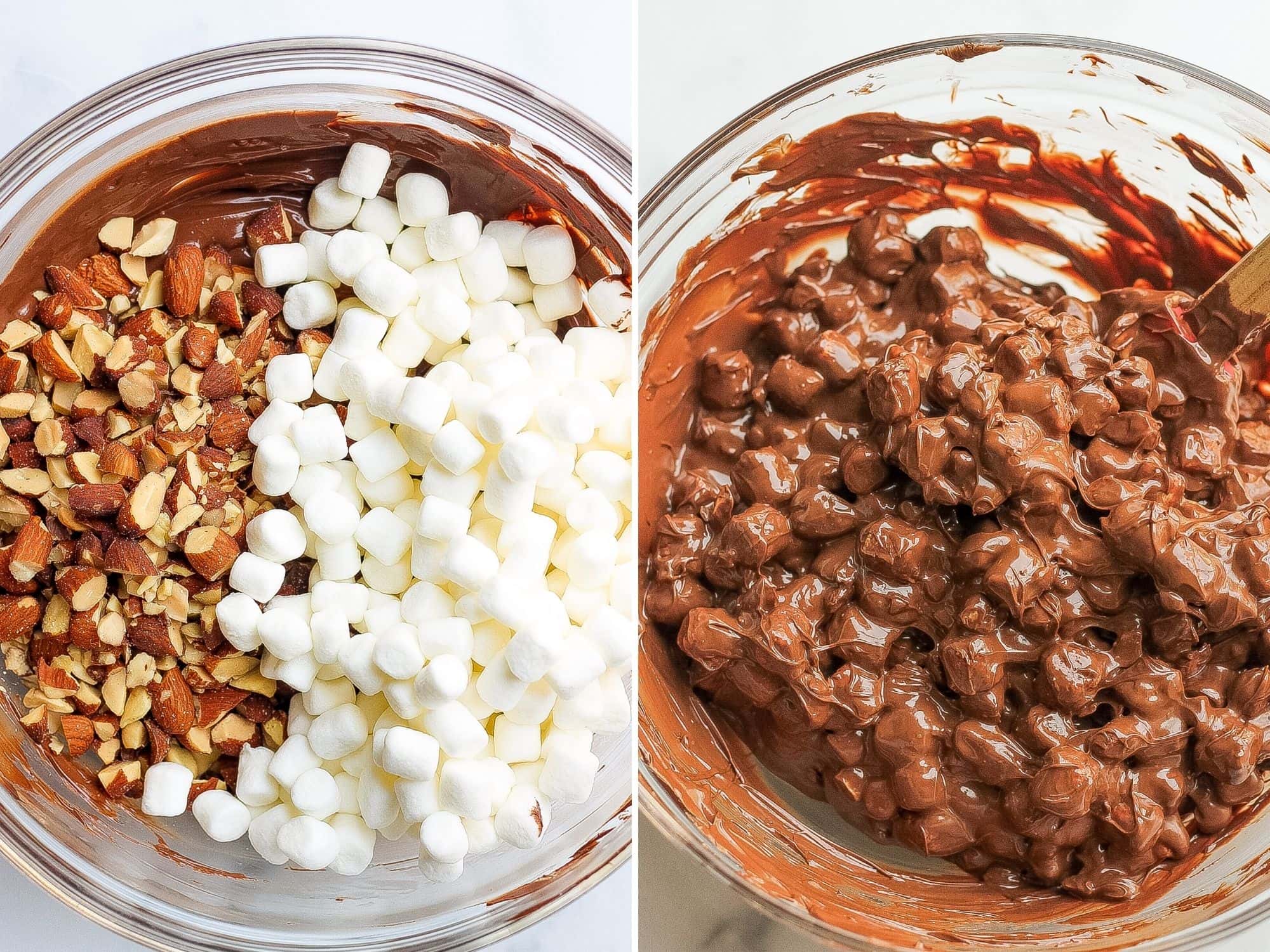 mixing almonds and marshmallows into melted chocolate into bowl with rubber spatula