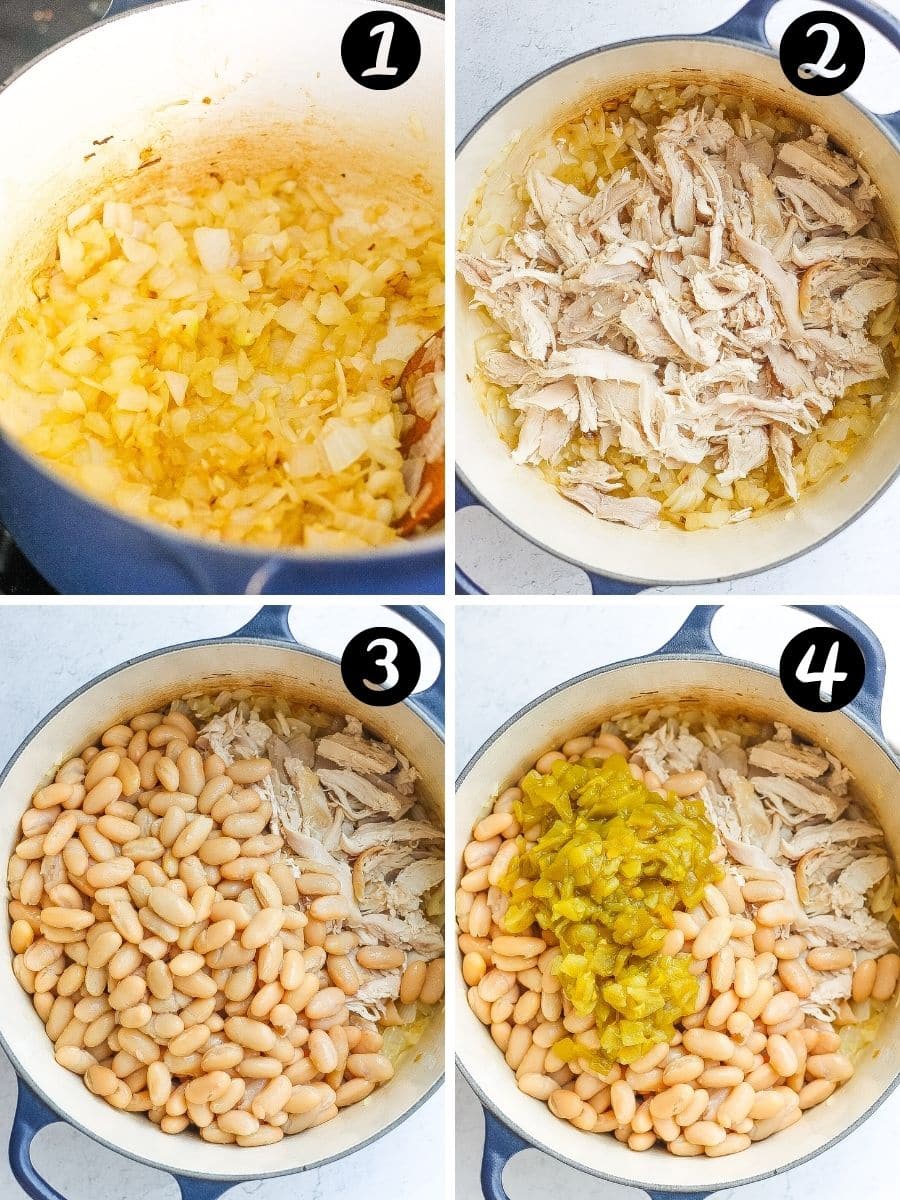 Picture steps 1-4 of how to make white chicken chili. 