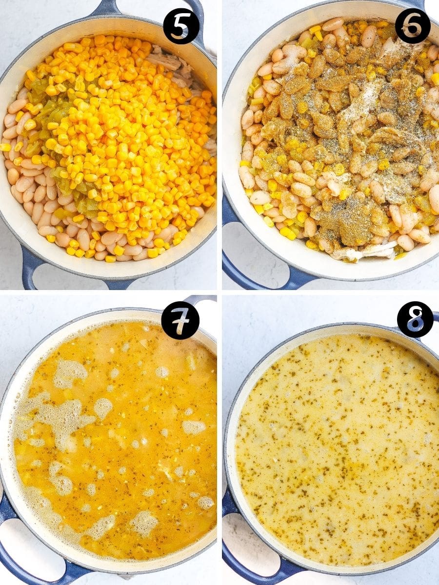 Pictures of steps 5-8 on how to make white chicken chili. 