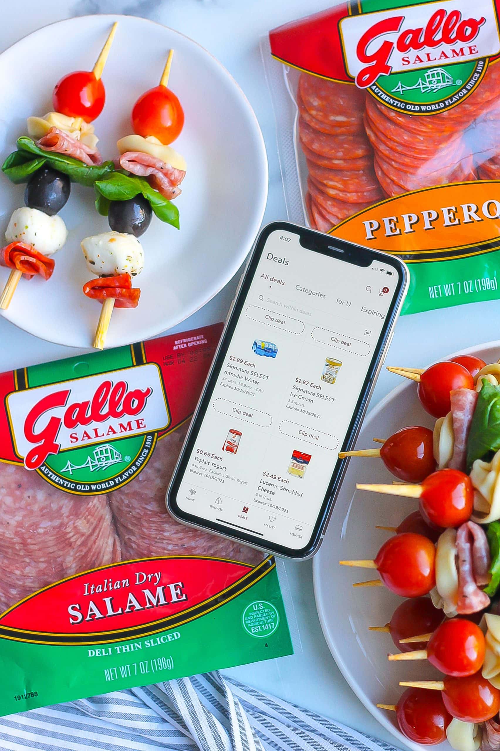 iPhone and salami with antipasto skewers