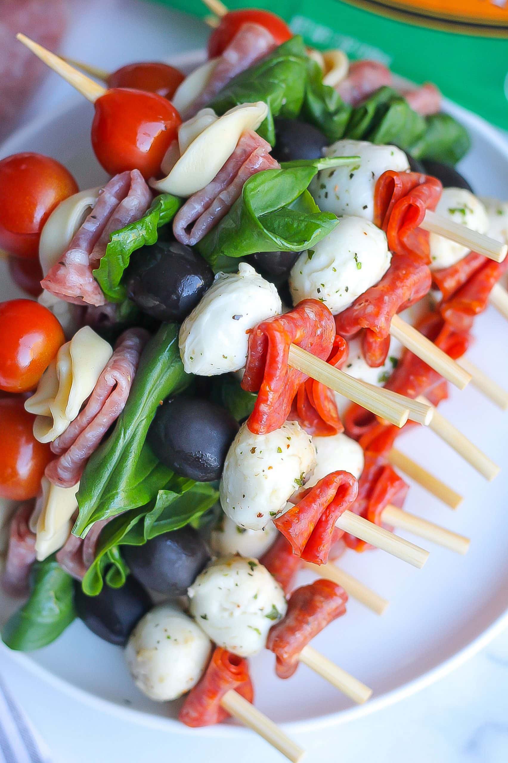 side angle of antipasto skewers appetizer