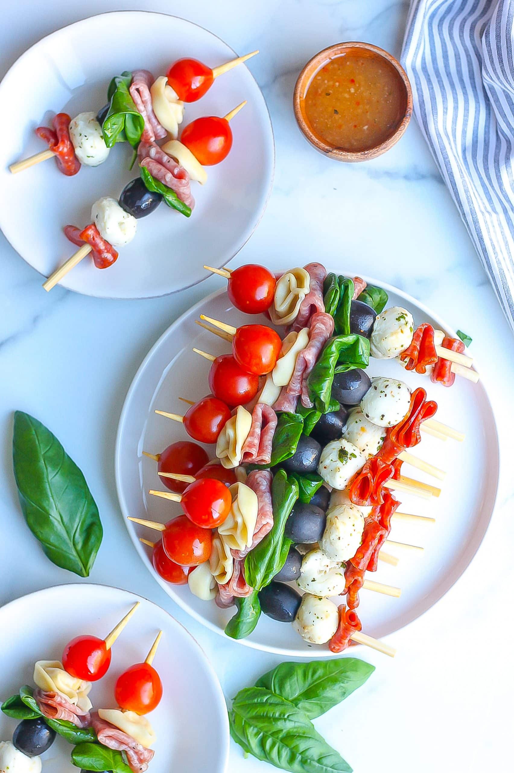 antipasto skewers with Italian dressing on the side 
