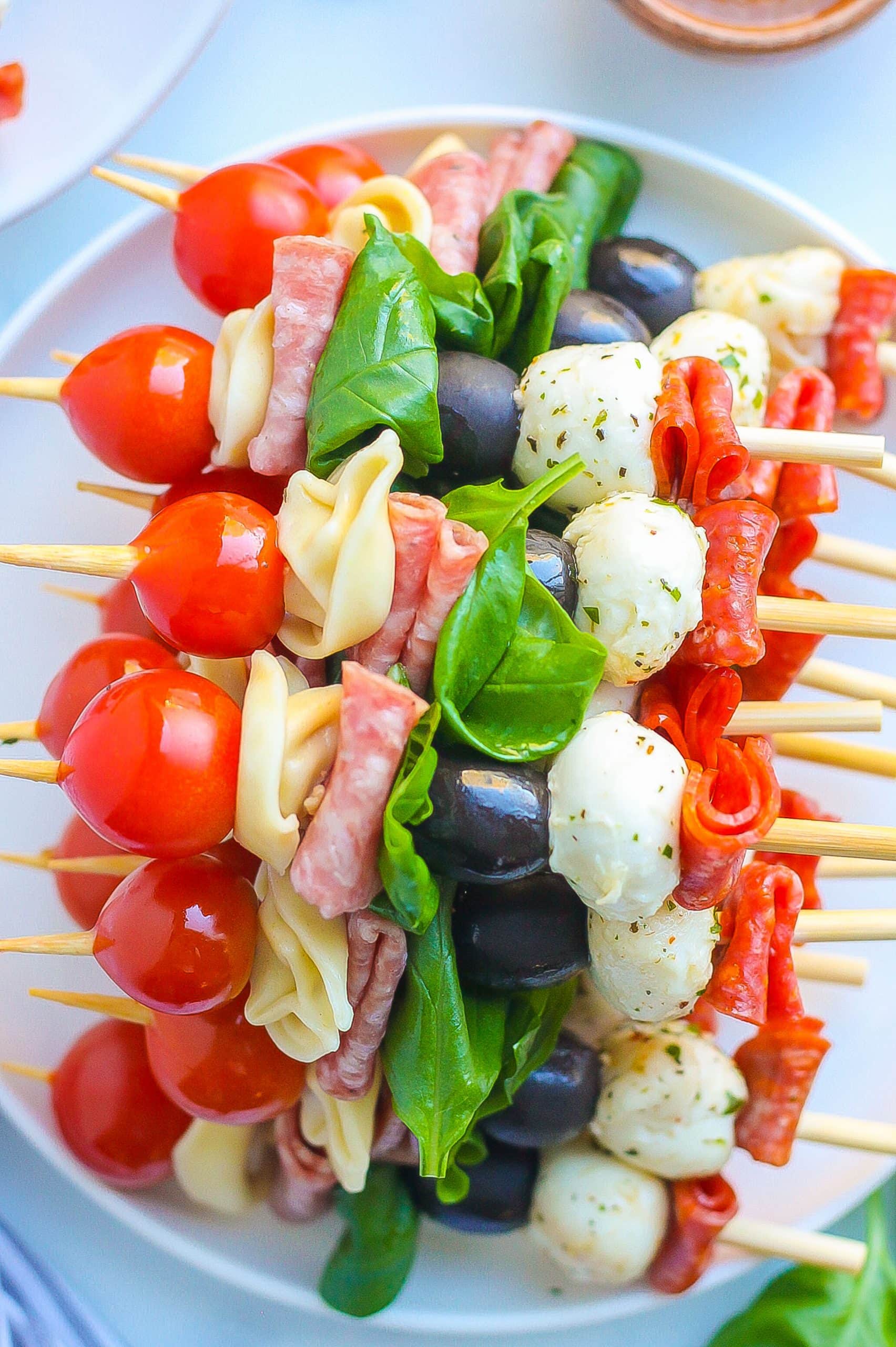 close up of antipasto skewers