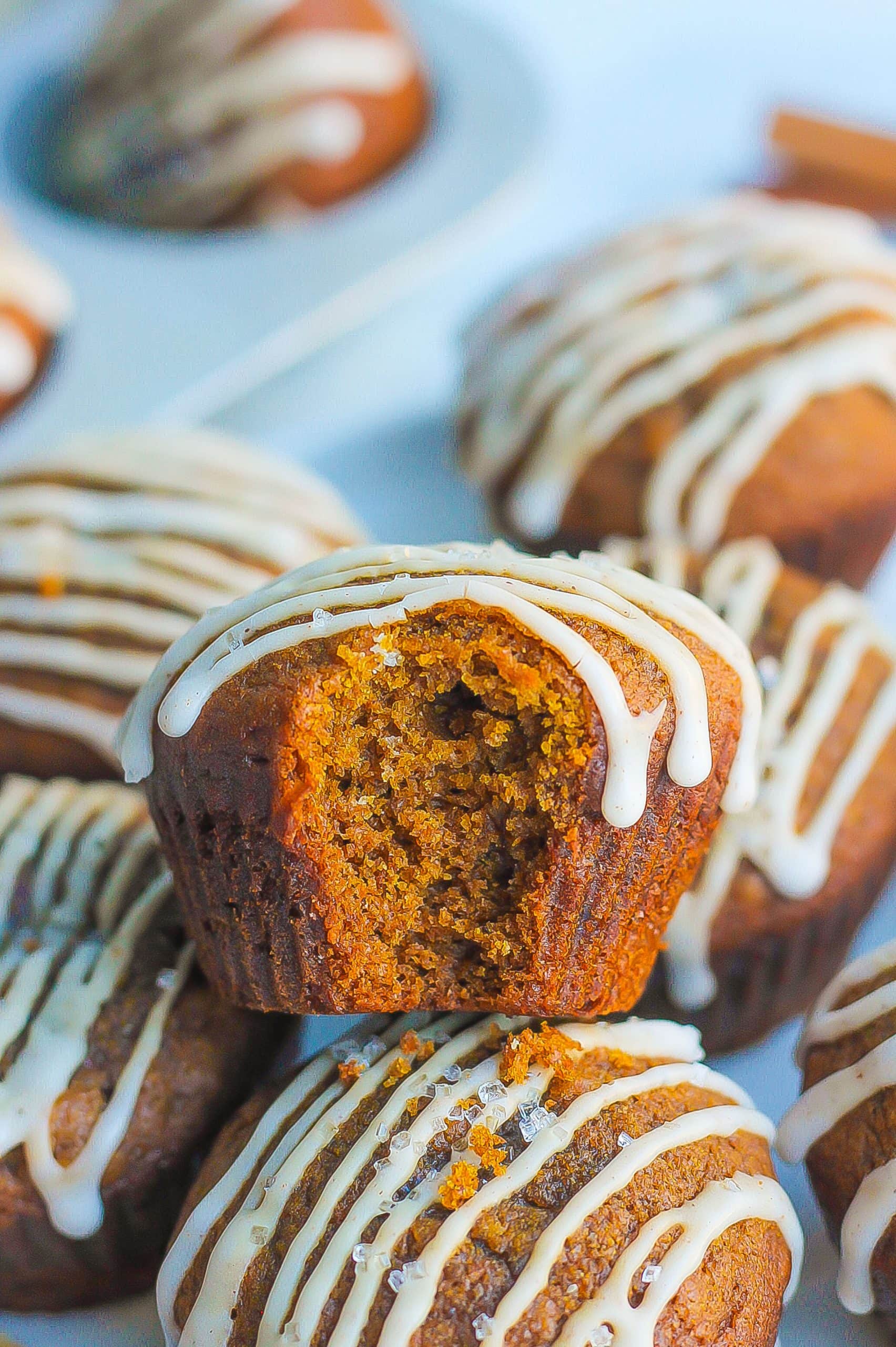 one stack of gingerbread muffins with icing drizzle