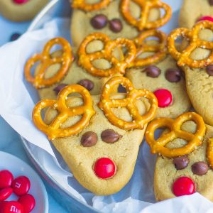 Finished reindeer cookies on serving plate