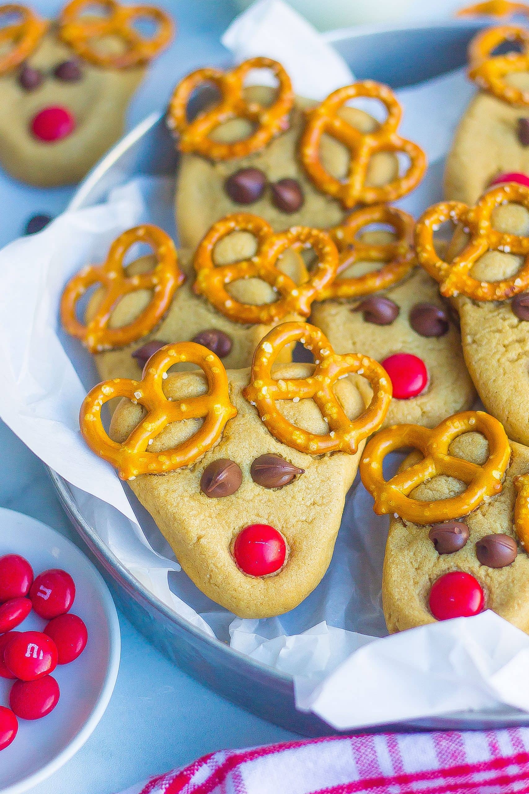 Finished reindeer cookies on serving plate